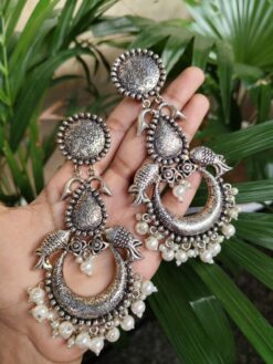 Oxidized Chandbali Earrings With Fish Motif, Floral Art, And Elegant Pearl Work