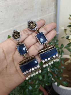 Beautiful Two-Tone Monalisa Stone Dangler Earrings | Stylish Silver Replica Jewelry