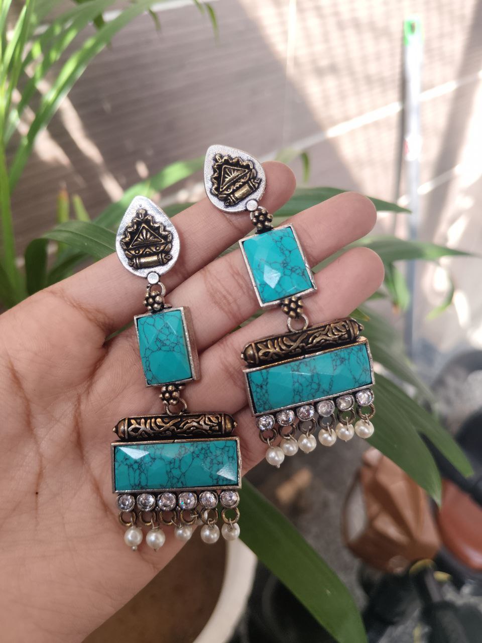 Beautiful Two-Tone Monalisa Stone Dangler Earrings | Stylish Silver Replica Jewelry 2 Beautiful Two-Tone Monalisa Stone Dangler Earrings | Stylish Silver Replica Jewelry - Image 2