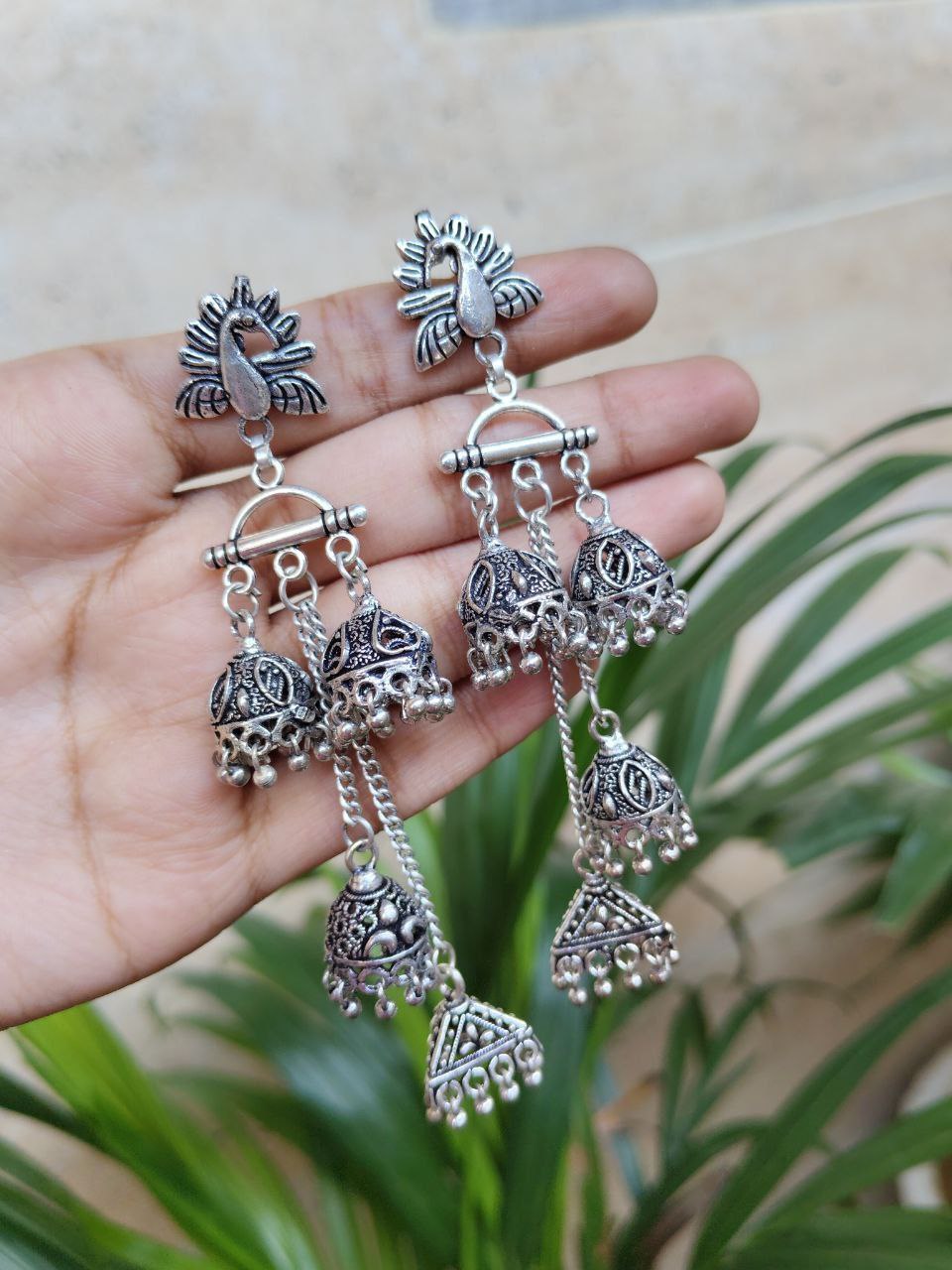 Oxidized Silver Plated Peacock Jhumki Dangler Earrings With Traditional Design 1 Oxidized Silver Plated Peacock Jhumki Dangler Earrings With Traditional Design