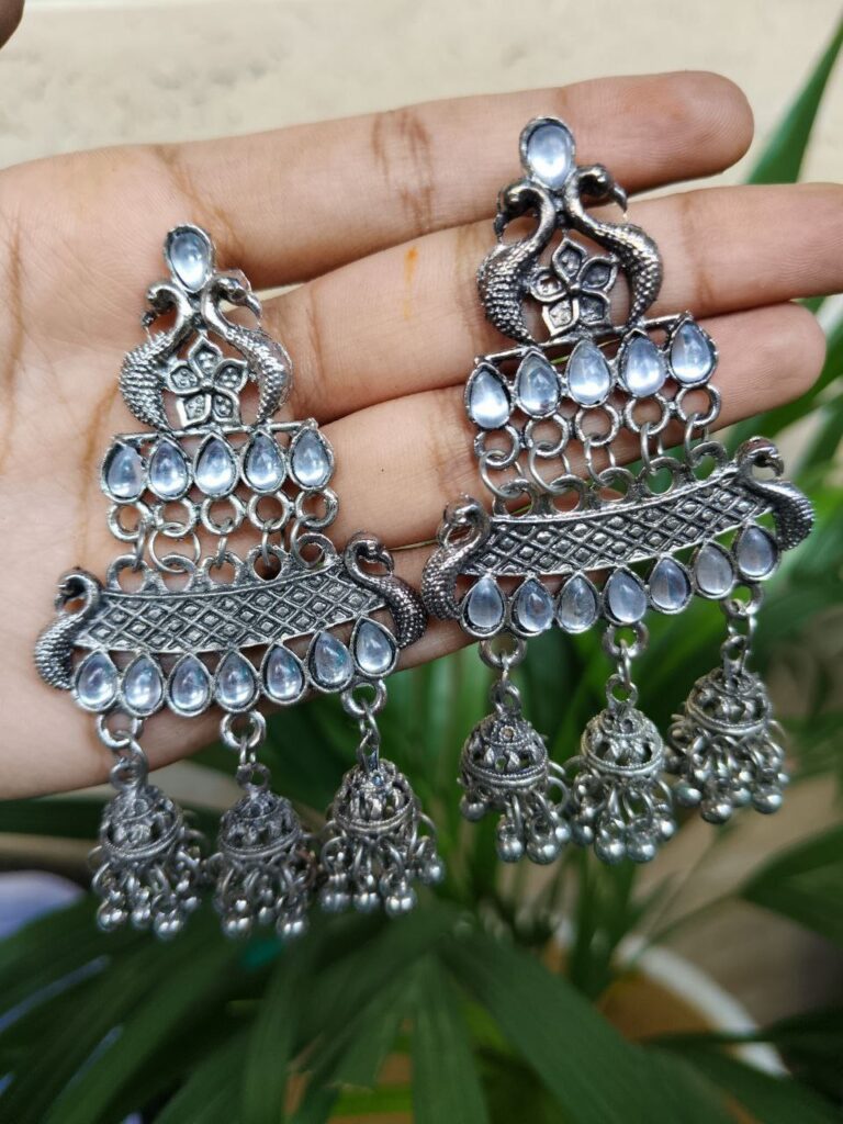 Oxidized Peacock Jhumki Dangler Earrings With Traditional Ethnic Design