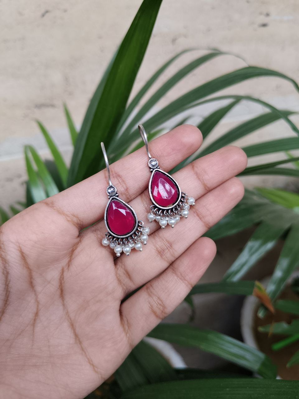 Oxidised Drop Shape Stone Hook Earrings | Stylish Elegant Ethnic Jewelry for Women 1 Oxidised Drop Shape Stone Hook Earrings | Stylish Elegant Ethnic Jewelry for Women