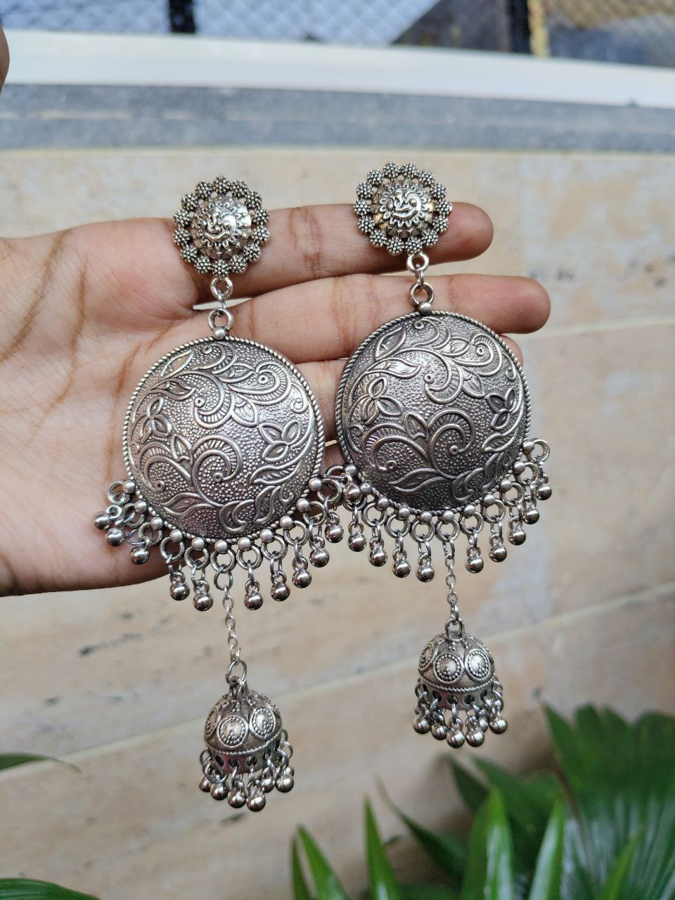 Silver Plated Jhumki Dangler Earrings With Floral Art And Ghungroo Detailing 1 Silver Plated Jhumki Dangler Earrings With Floral Art And Ghungroo Detailing