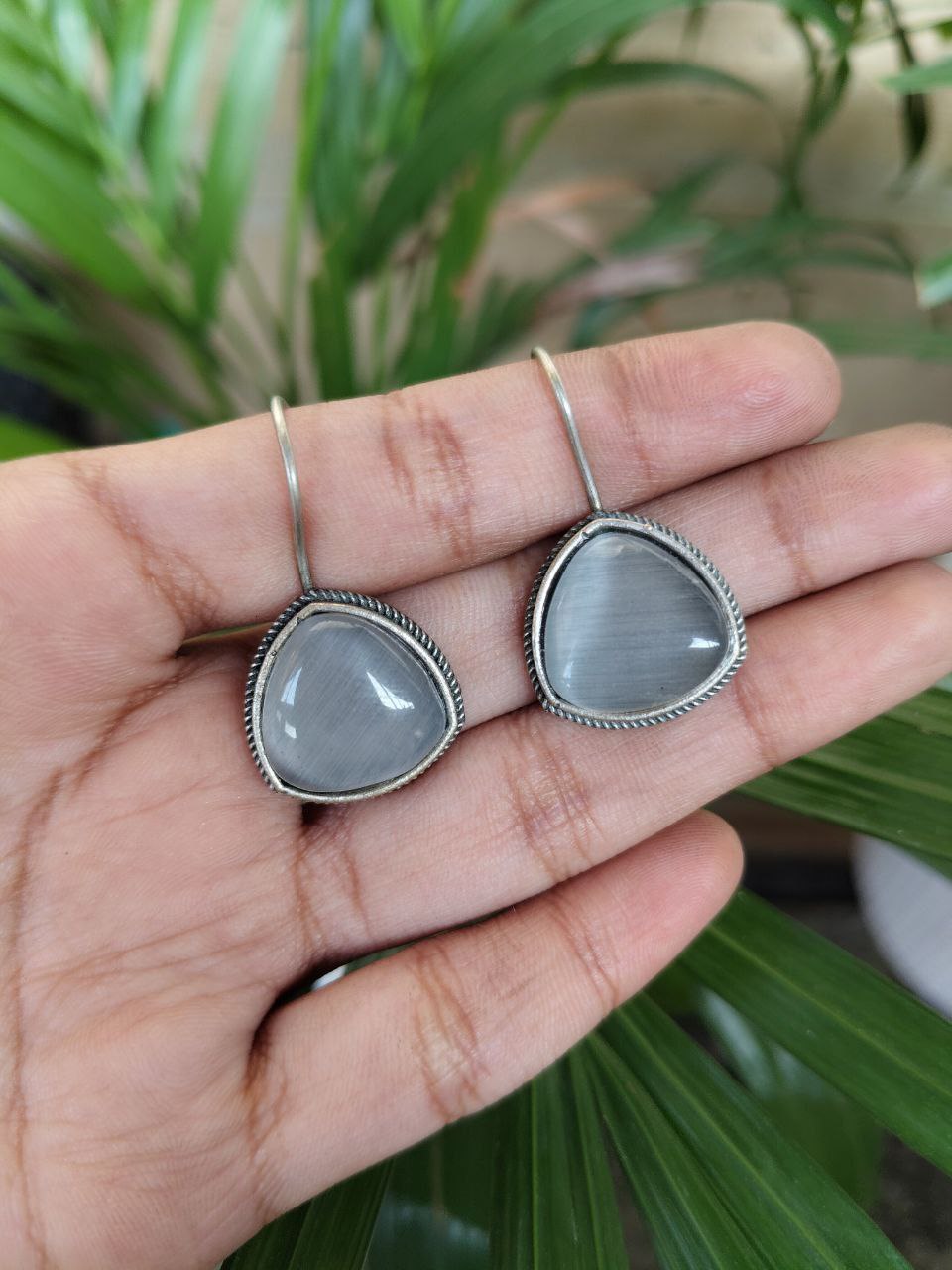 Silver Plated Triangle Earrings With Elegant Stone Work Design 1 Silver Plated Triangle Earrings With Elegant Stone Work Design