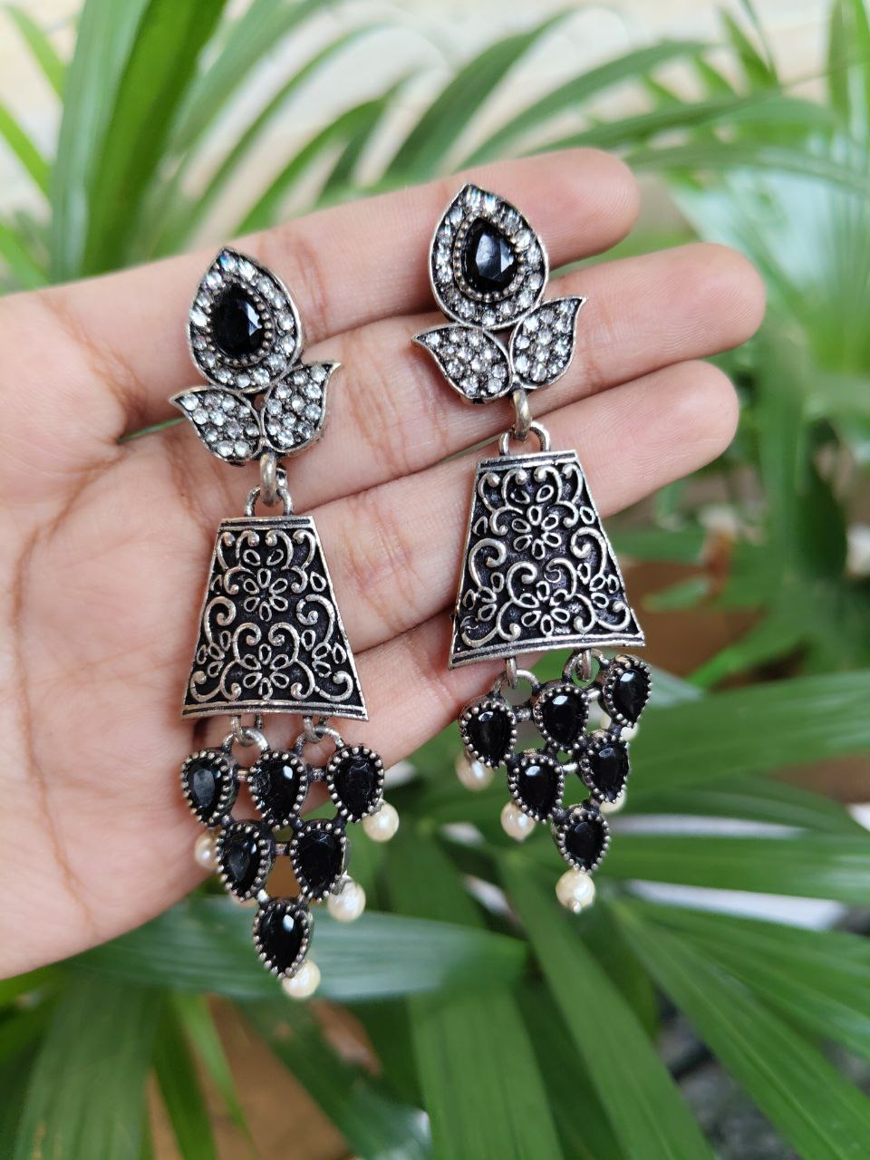 Oxidized Dangler Earrings With Elegant Stone And Pearl Work Design 1 Oxidized Dangler Earrings With Elegant Stone And Pearl Work Design