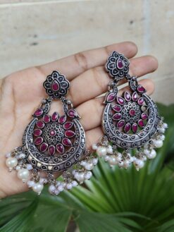 Traditional Peacock Stone & Pearl Work Chandbali | Silver Plated Elegant Earrings