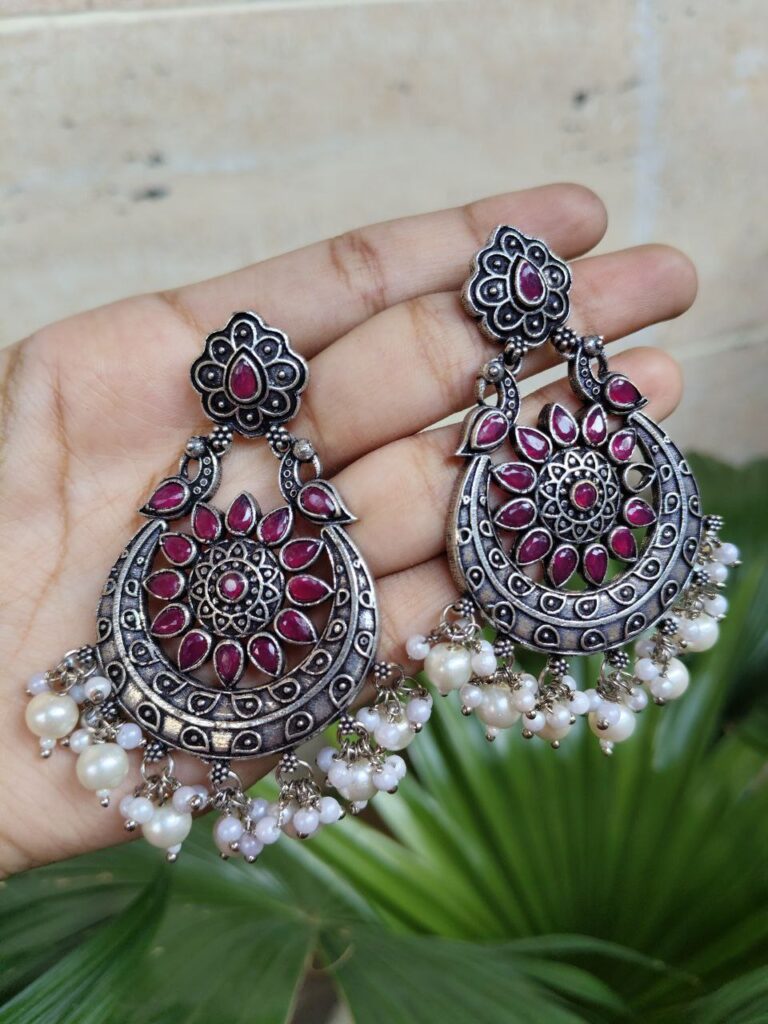 Traditional Peacock Stone & Pearl Work Chandbali | Silver Plated Elegant Earrings