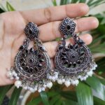 Bulk 184 Traditional Peacock Stone & Pearl Work Chandbali | Silver Plated Elegant Earrings - "Black"