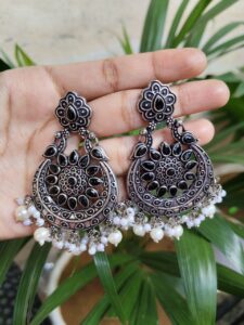 Traditional Peacock Stone & Pearl Work Chandbali | Silver Plated Elegant Earrings - Color: "Black"