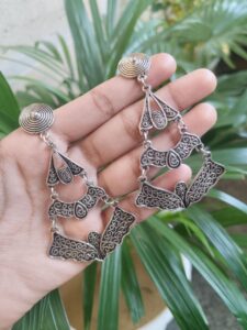 Oxidized Silver Plated 3-Layer Dangler Earrings With Elegant Ethnic Design