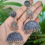 German Silver Long Flower Dangler Earrings With Elegant Traditional Design