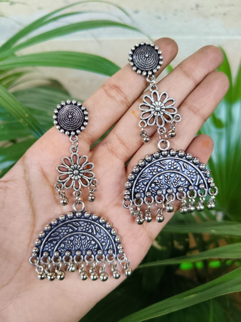 German Silver Long Flower Dangler Earrings With Elegant Traditional Design