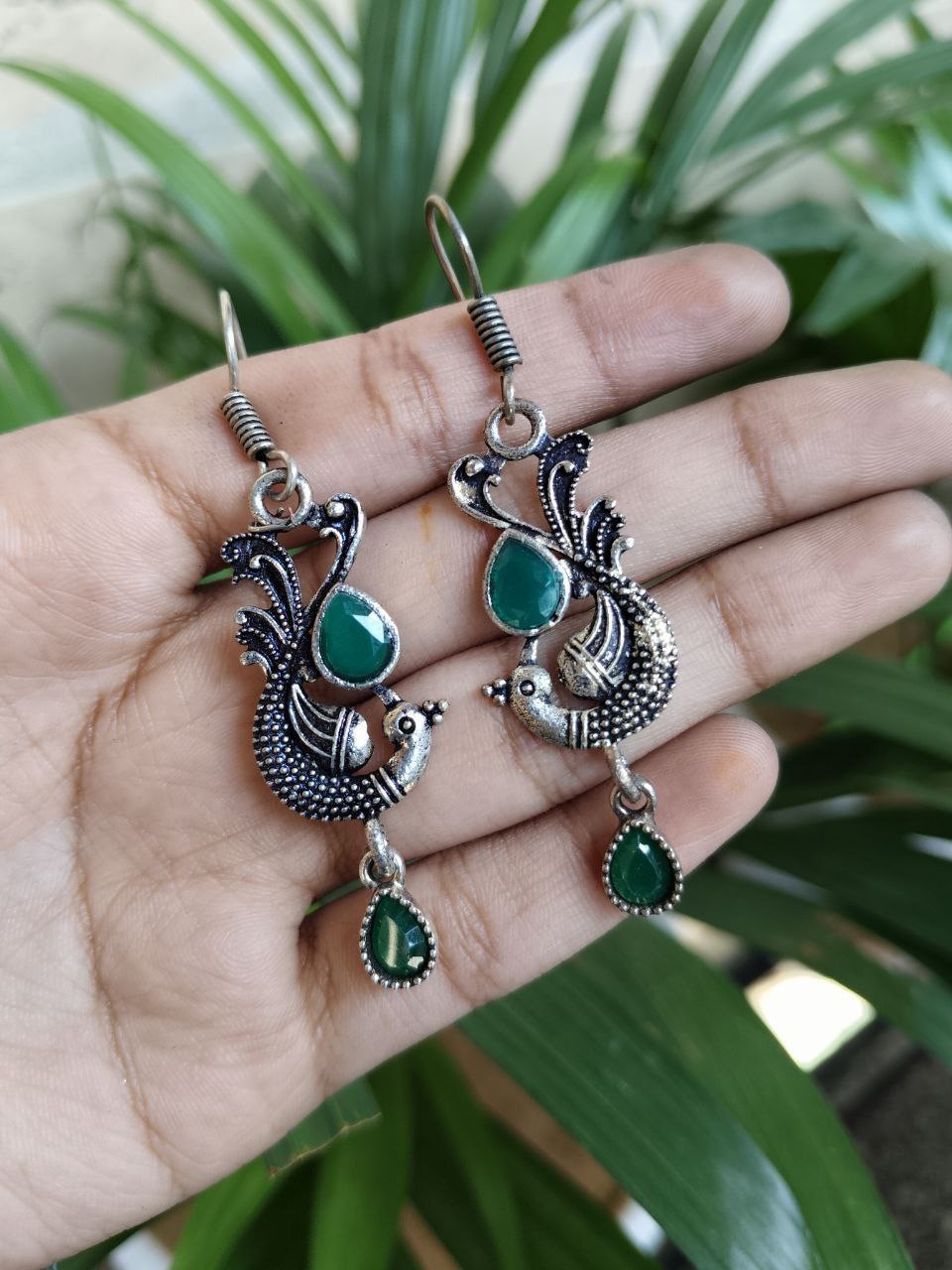 Peacock Design Hook Dangler Earrings With Elegant Stone Work Detailing 2 Peacock Design Hook Dangler Earrings With Elegant Stone Work Detailing - Image 2