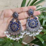 Bulk 180 Traditional Peacock Stone & Pearl Work Chandbali | Silver Plated Elegant Earrings - "Blue"