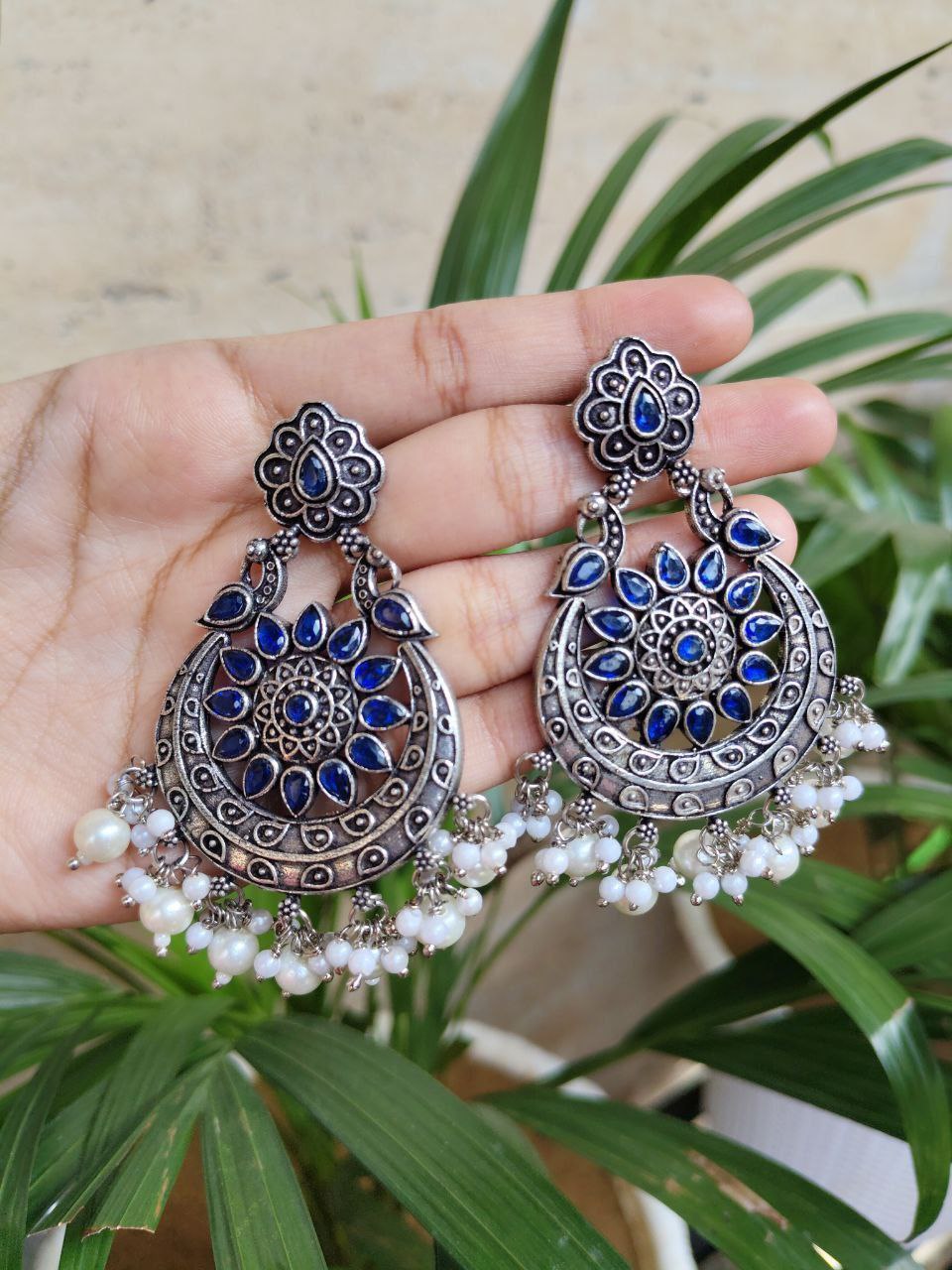 Traditional Peacock Stone & Pearl Work Chandbali | Silver Plated Elegant Earrings 3 Traditional Peacock Stone & Pearl Work Chandbali | Silver Plated Elegant Earrings - Image 3