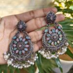 Bulk 186 Traditional Peacock Stone & Pearl Work Chandbali | Silver Plated Elegant Earrings - "Babypink-Mint"