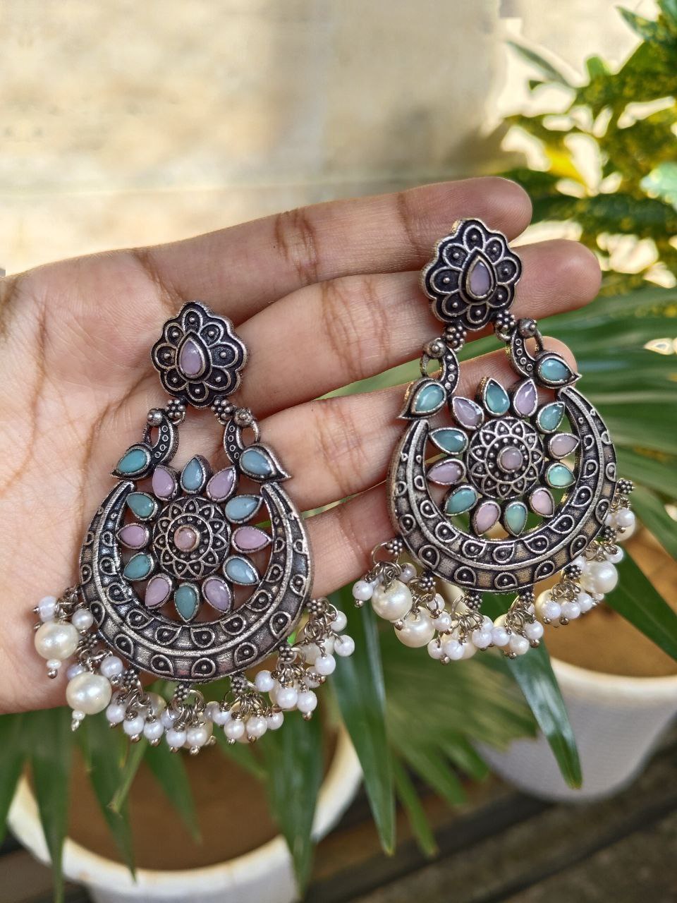 Traditional Peacock Stone & Pearl Work Chandbali | Silver Plated Elegant Earrings 4 Traditional Peacock Stone & Pearl Work Chandbali | Silver Plated Elegant Earrings - Image 4