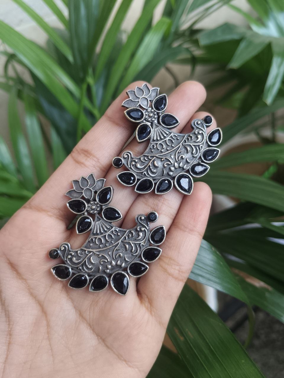 Oxidized Silver Plated Stone Stud Earrings With Elegant Traditional Design 1 Oxidized Silver Plated Stone Stud Earrings With Elegant Traditional Design