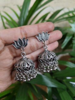 German Silver Lotus Dangler Earrings With Traditional Ghungroo Detailing