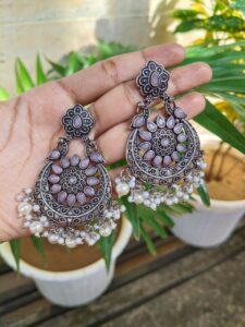 Traditional Peacock Stone & Pearl Work Chandbali | Silver Plated Elegant Earrings - Color: "Babypink"