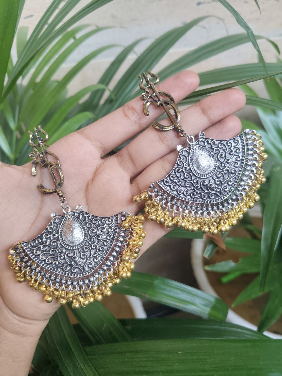 Two-Tone Oxidized Long Om Dangler Earrings With Spiritual Elegant Design 1 Two-Tone Oxidized Long Om Dangler Earrings With Spiritual Elegant Design