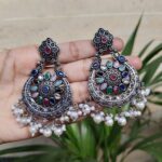 Bulk 188 Traditional Peacock Stone & Pearl Work Chandbali | Silver Plated Elegant Earrings - "Multi"