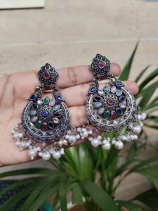 Traditional Peacock Stone & Pearl Work Chandbali | Silver Plated Elegant Earrings - Color: "Multi"