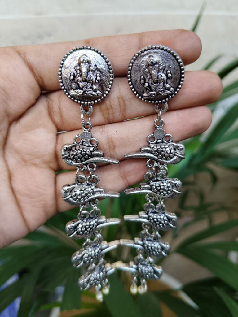Parrot and Ganesh Dangler Earrings With Elegant Pearl Work Detailing