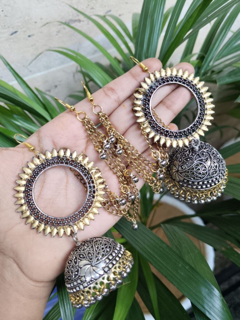 Big Jhumka Dangler Earrings With Stylish Chain Detailing