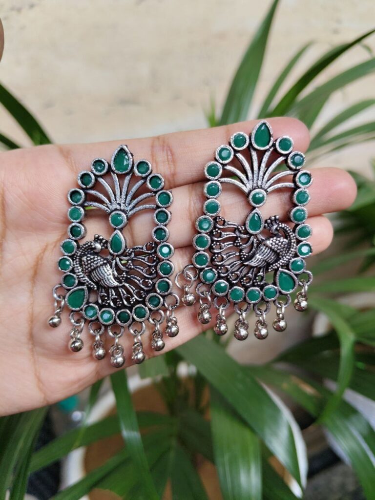 Oxidised German Silver Peacock Stone Stud Earrings For Girls
