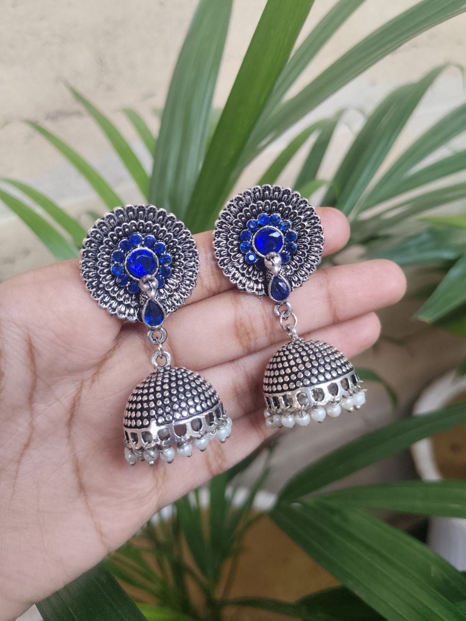 Oxidized Silver Plated Jhumka Dangler Earrings With Elegant Pearl Work Design 1 Oxidized Silver Plated Jhumka Dangler Earrings With Elegant Pearl Work Design