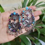 Bulk 134 Oxidised German Silver Peacock Stone Stud Earrings For Girls - "Multi"