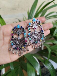 Oxidised German Silver Peacock Stone Stud Earrings For Girls - Color: "Multi"