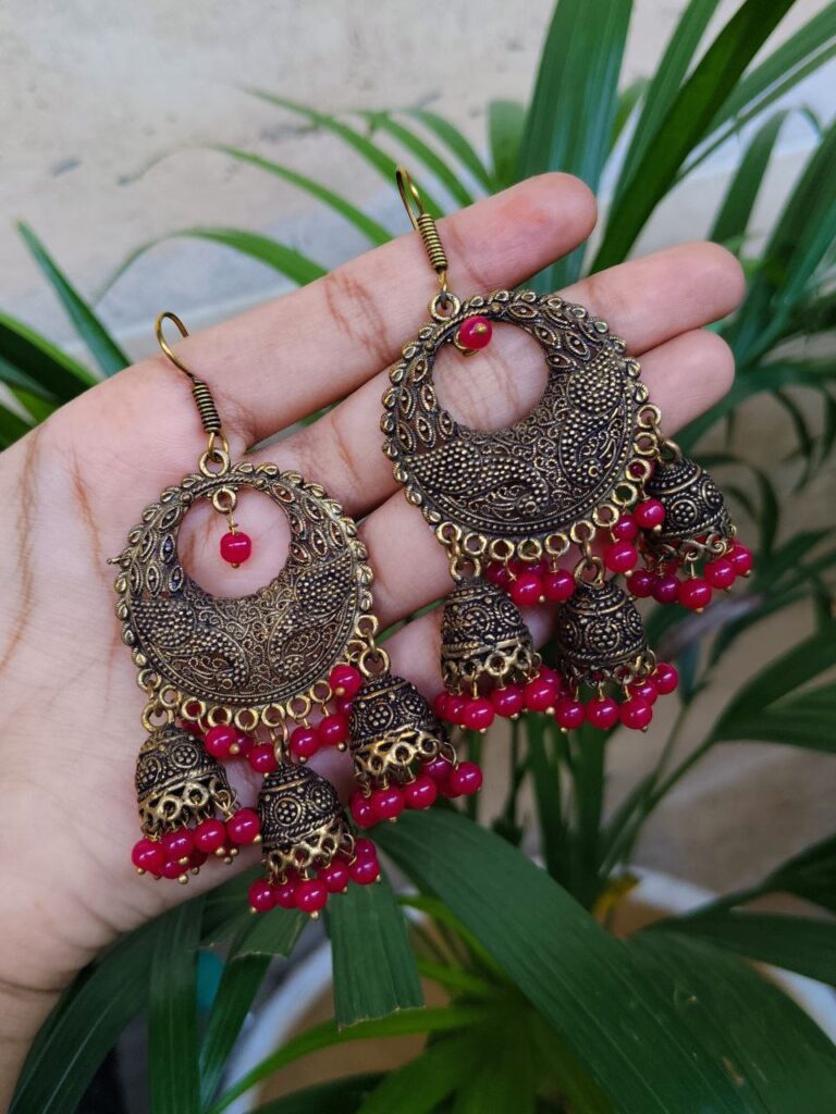 Gold Plated Oxidized Hook Earrings With Traditional Ghungroo Detailing