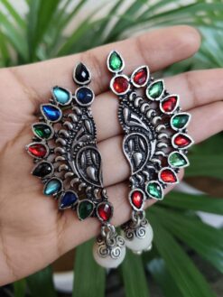 Stylish Silver Plated Oxidized Stone Stud Earrings for Women’s Everyday Elegant Look