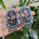 Bulk 132 Oxidised German Silver Peacock Stone Stud Earrings For Girls - "Aqua"