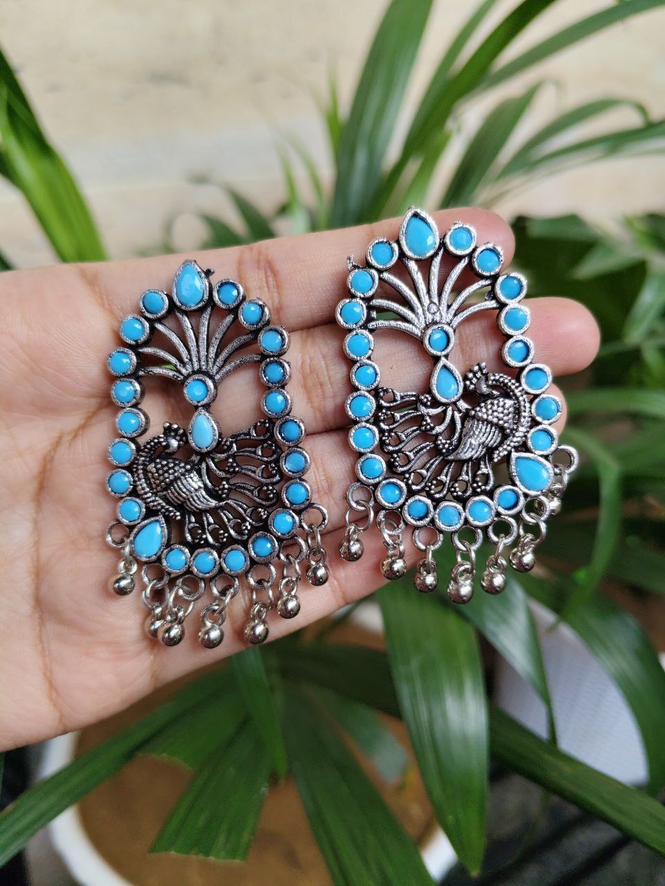 Oxidised German Silver Peacock Stone Stud Earrings For Girls 4 Oxidised German Silver Peacock Stone Stud Earrings For Girls - Image 4