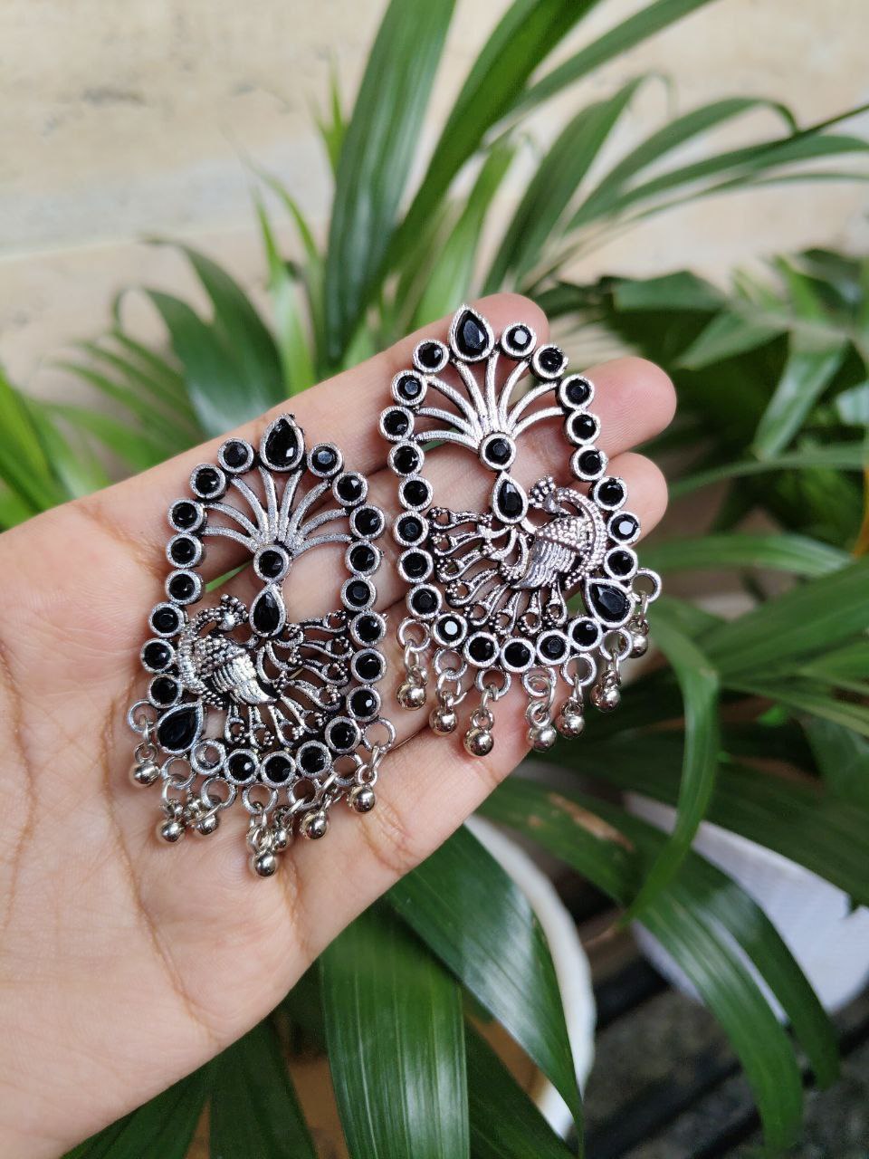 Oxidised German Silver Peacock Stone Stud Earrings For Girls 3 Oxidised German Silver Peacock Stone Stud Earrings For Girls - Image 3