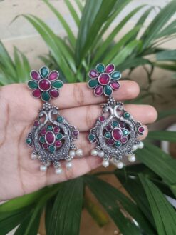 Oxidized Silver Plated Peacock Flower Dangler Earrings With Elegant Traditional Design