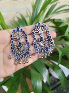 Oxidised German Silver Peacock Stone Stud Earrings For Girls - Color: "Blue"