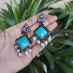 Trendy Oxidised Square Stone Dangler Earrings | Silver Plated Elegant Jewelry for Women