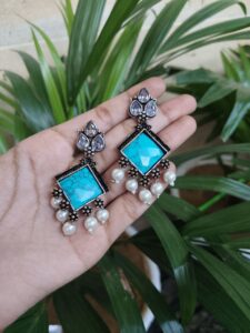Trendy Oxidised Square Stone Dangler Earrings | Silver Plated Elegant Jewelry for Women - Color: "Turquoise"