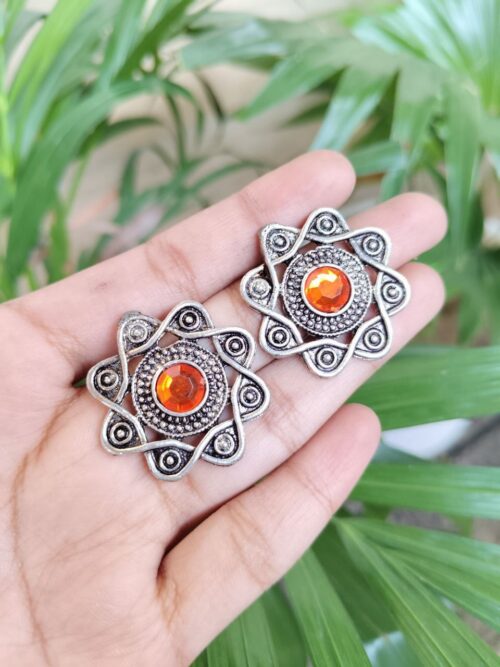 Stylish Silver Plated Oxidized Stone Stud Earrings