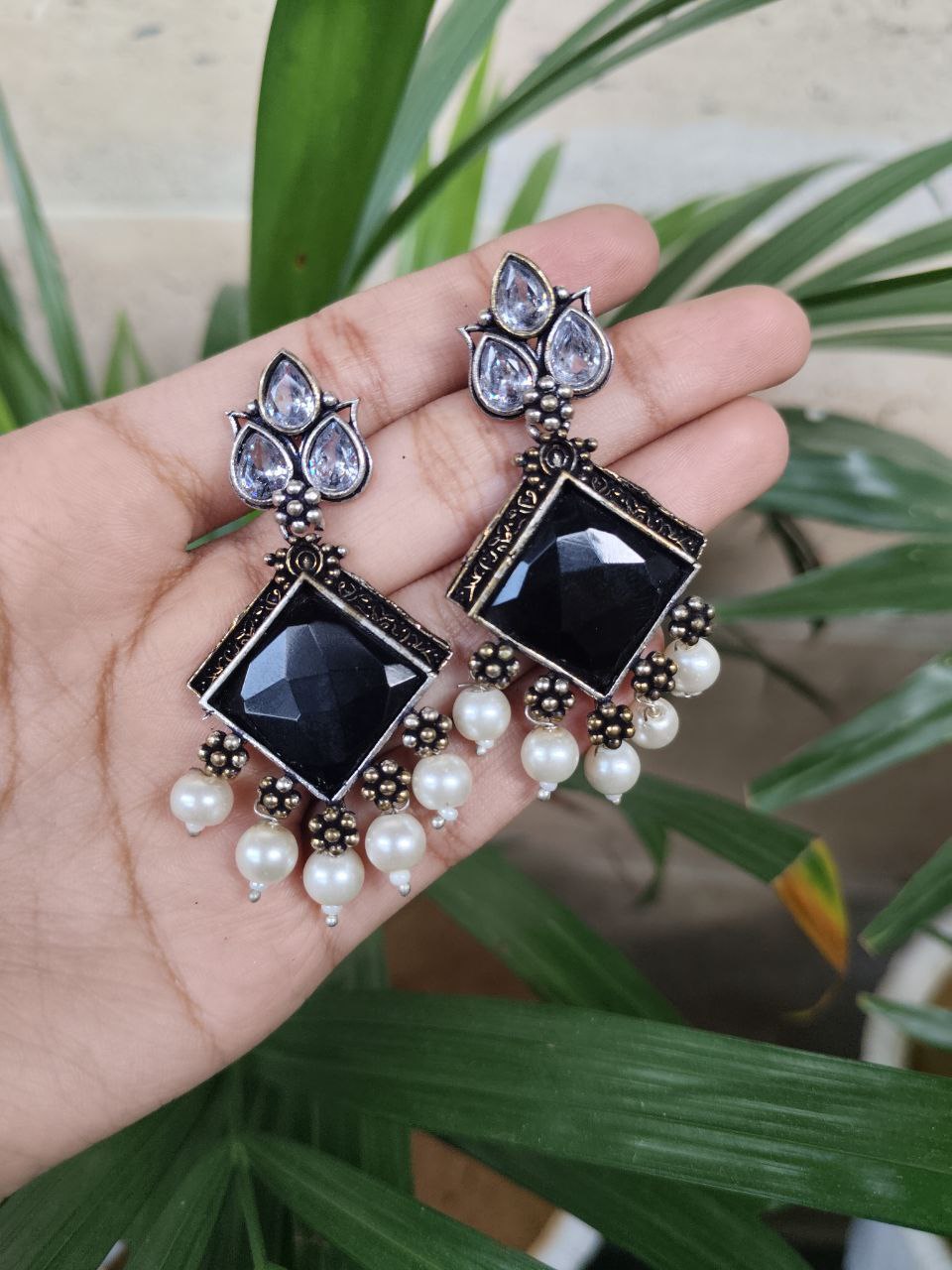 Trendy Oxidised Square Stone Dangler Earrings | Silver Plated Elegant Jewelry for Women 2 Trendy Oxidised Square Stone Dangler Earrings | Silver Plated Elegant Jewelry for Women - Image 2