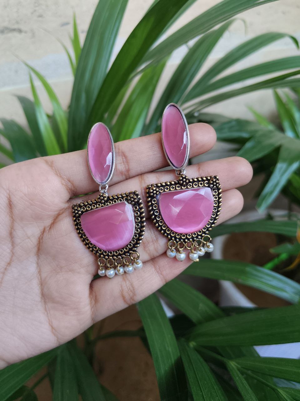 Golden Oxidised Monalisa Stone Dangler Earrings For Girls 2 Golden Oxidised Monalisa Stone Dangler Earrings For Girls - Image 2