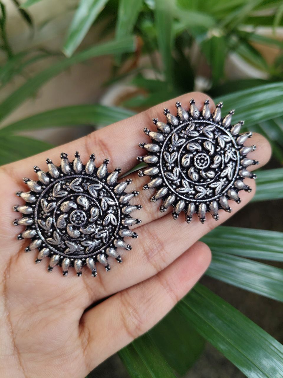 Oxidized Round Floral Art Stud Earrings With Elegant Traditional Design 1 Oxidized Round Floral Art Stud Earrings With Elegant Traditional Design