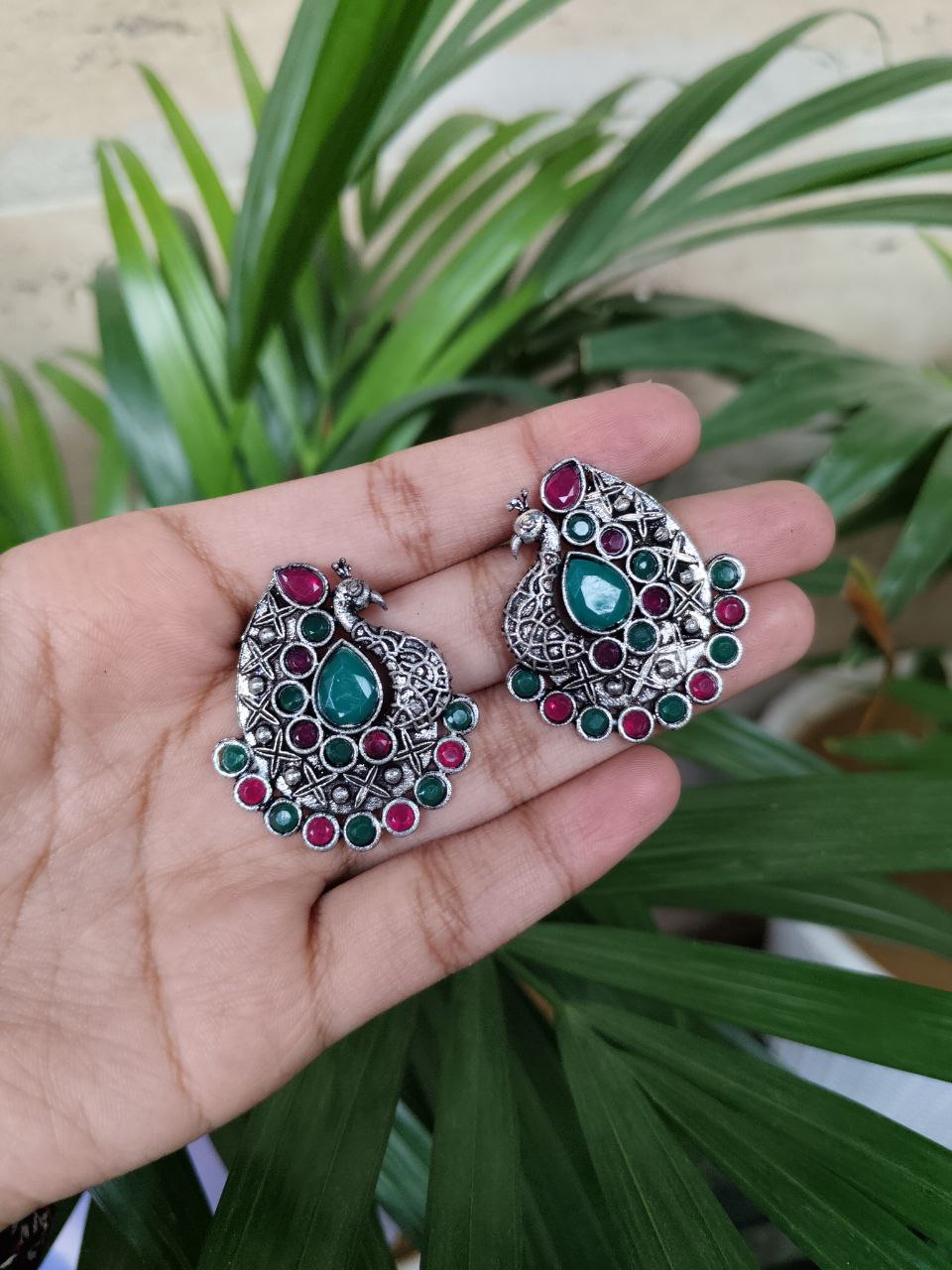 Oxidised Peacock Stone Stud Earrings | Elegant Traditional Ethnic Jewelry for Women 2 Oxidised Peacock Stone Stud Earrings | Elegant Traditional Ethnic Jewelry for Women - Image 2