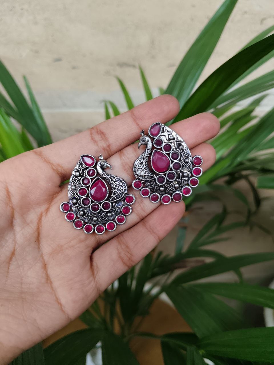 Oxidised Peacock Stone Stud Earrings | Elegant Traditional Ethnic Jewelry for Women 3 Oxidised Peacock Stone Stud Earrings | Elegant Traditional Ethnic Jewelry for Women - Image 3
