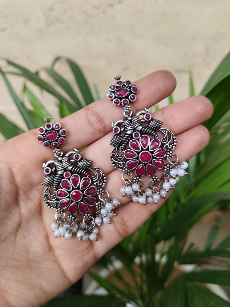 Oxidised Peacock Stone Stud Earrings | Stylish Traditional Ethnic Jewelry for Women 2 Oxidised Peacock Stone Stud Earrings | Stylish Traditional Ethnic Jewelry for Women - Image 2