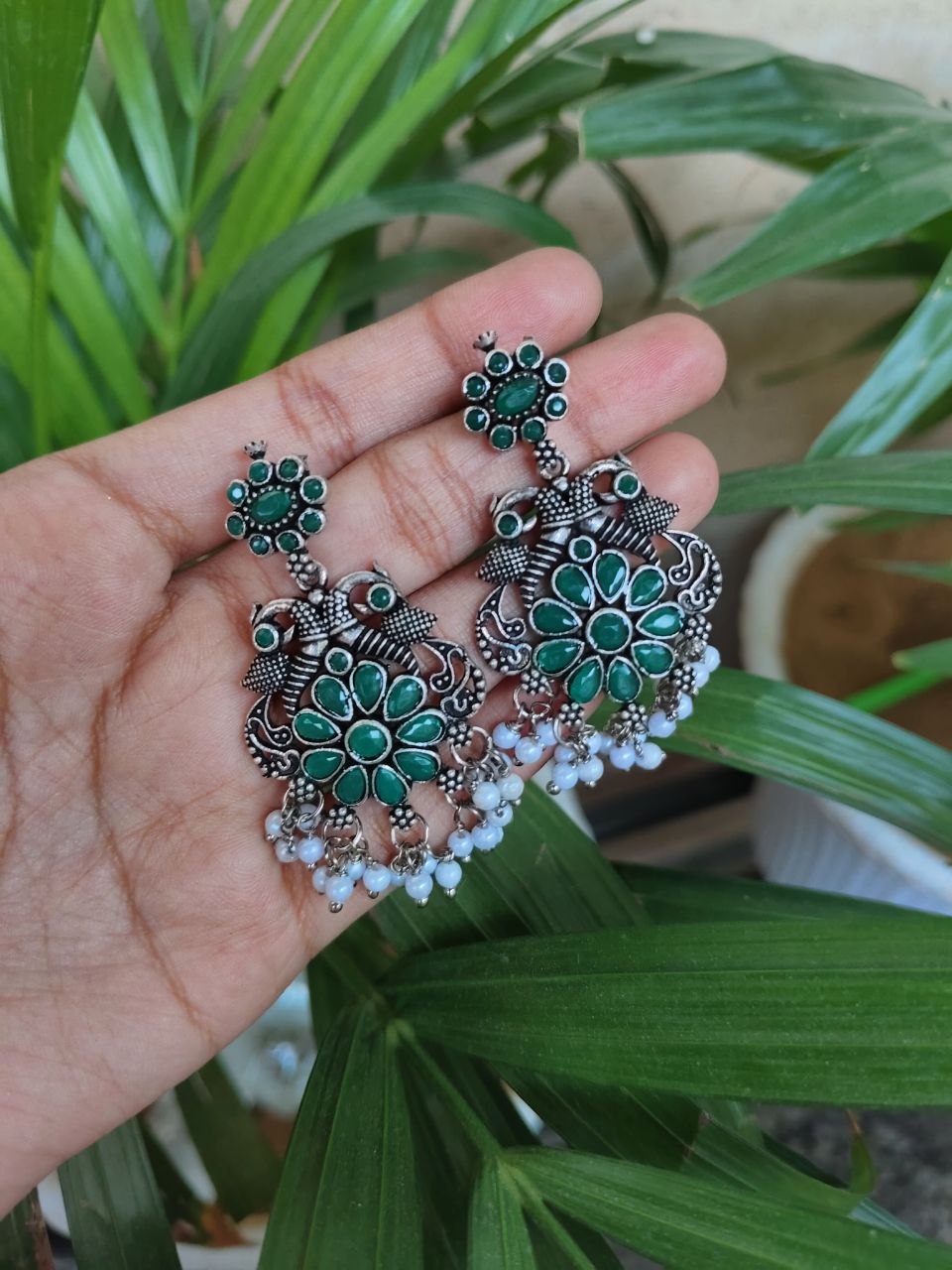 Oxidised Peacock Stone Stud Earrings | Stylish Traditional Ethnic Jewelry for Women 3 Oxidised Peacock Stone Stud Earrings | Stylish Traditional Ethnic Jewelry for Women - Image 3